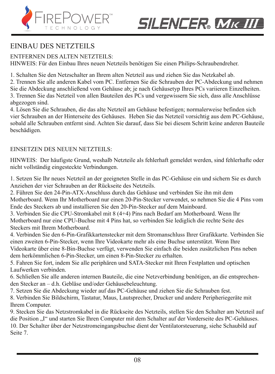 Einbau des netzteils | FirePower Technology MK3S1200W User Manual | Page 9 / 28