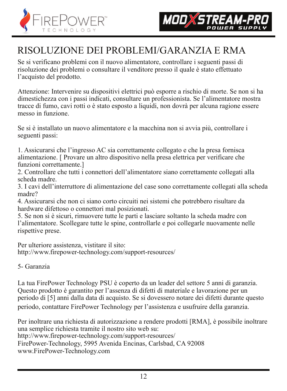 Risoluzione dei problemi/garanzia e rma | FirePower Technology 700MXSP User Manual | Page 13 / 19