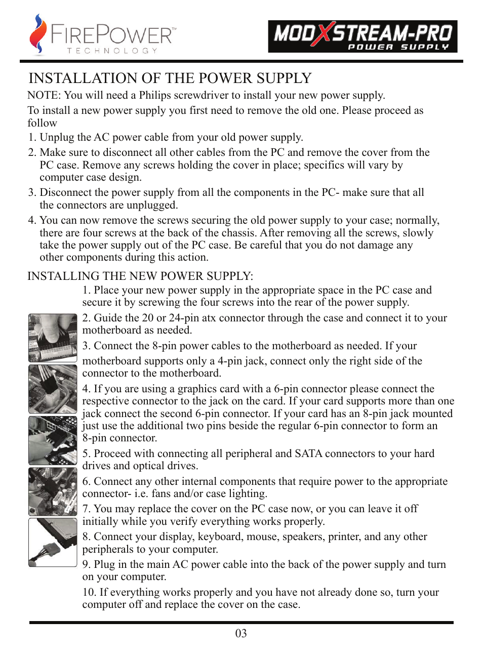 Installation of the power supply | FirePower Technology 700MXSP User Manual | Page 4 / 19