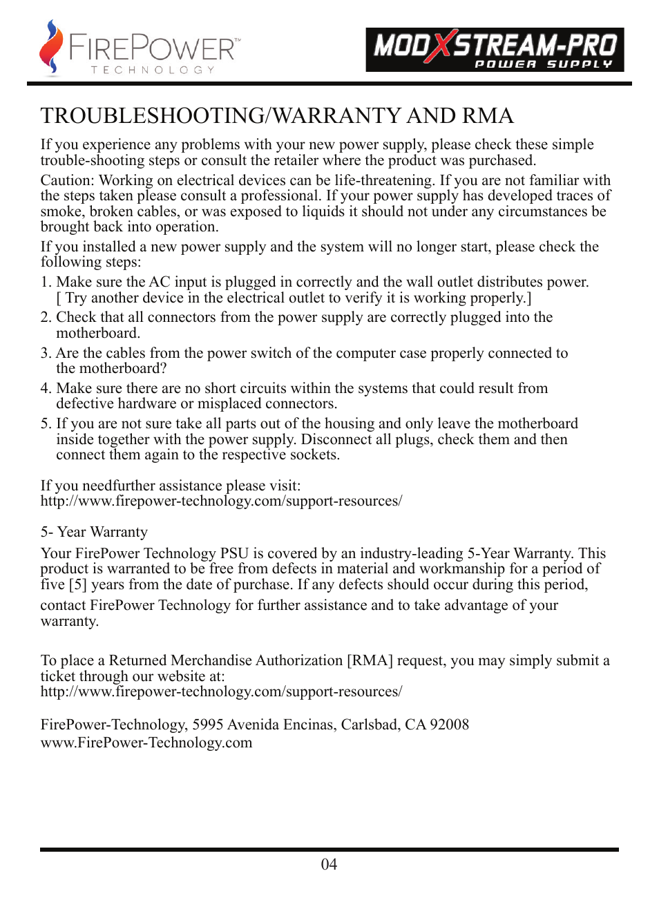 Troubleshooting/warranty and rma | FirePower Technology 700MXSP User Manual | Page 5 / 19