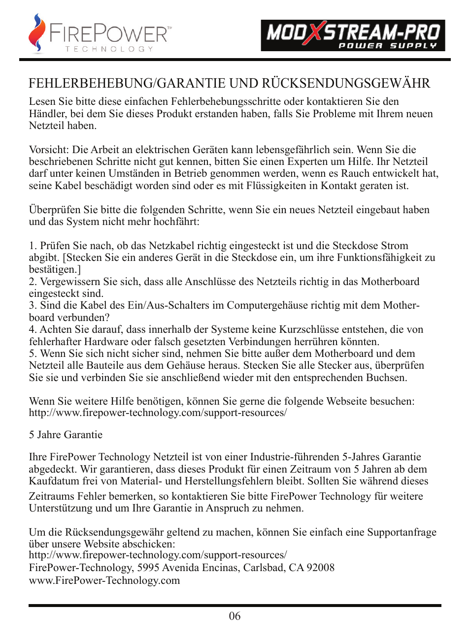 Fehlerbehebung/garantie und rücksendungsgewähr | FirePower Technology 700MXSP User Manual | Page 7 / 19