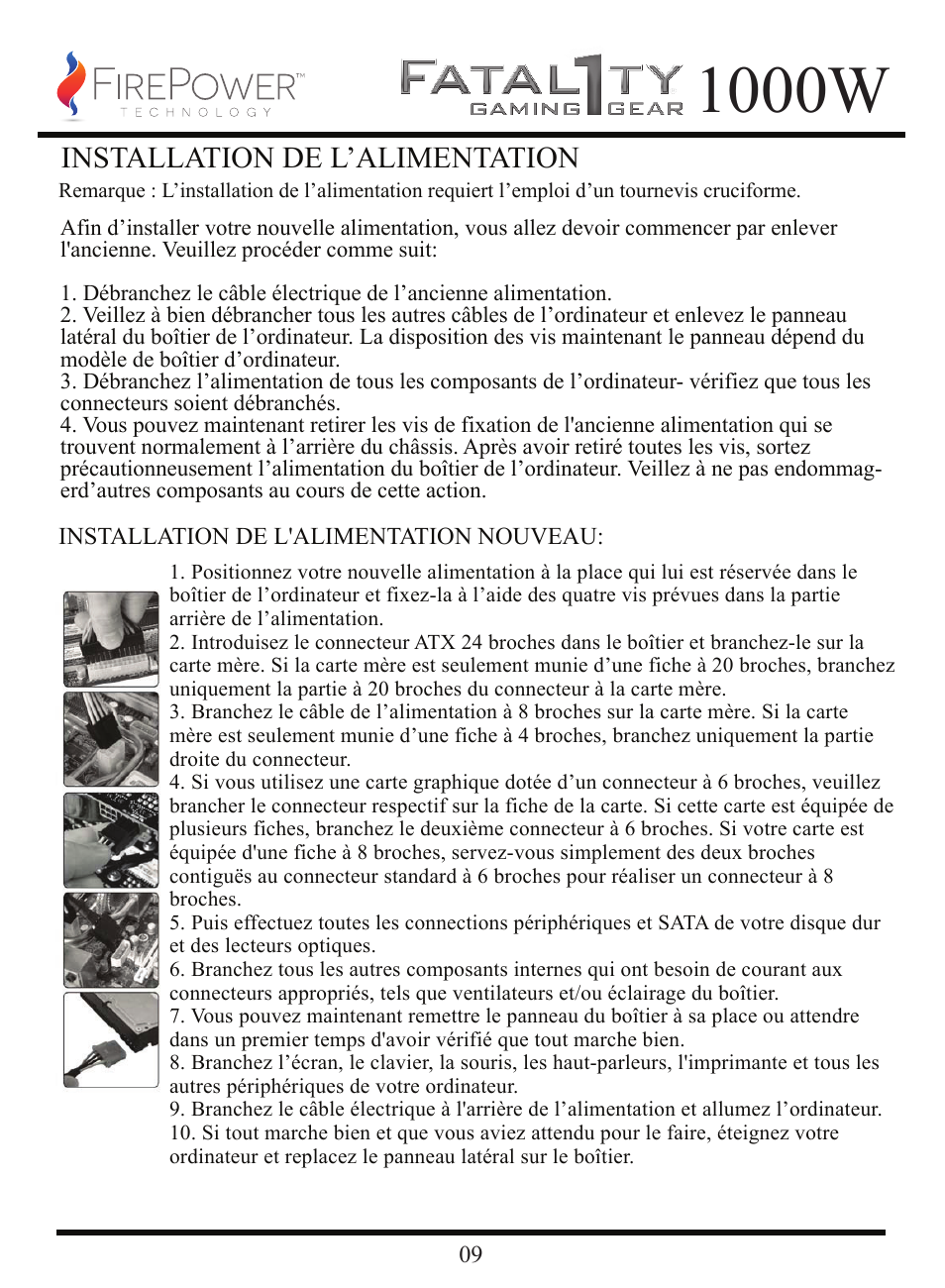 1000w, Installation de l’alimentation | FirePower Technology FTY1000W User Manual | Page 10 / 19