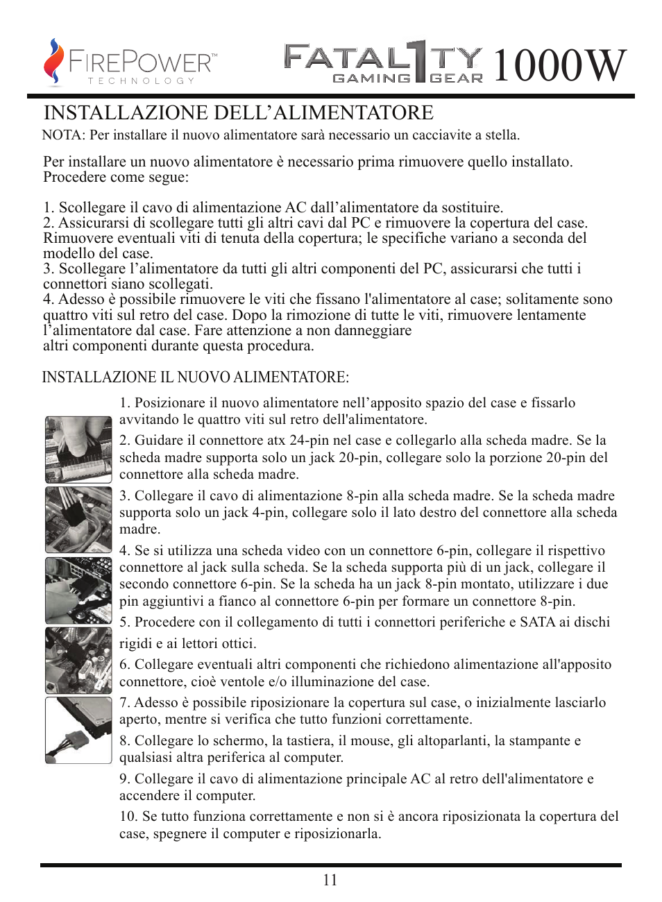 1000w, Installazione dell’alimentatore | FirePower Technology FTY1000W User Manual | Page 12 / 19