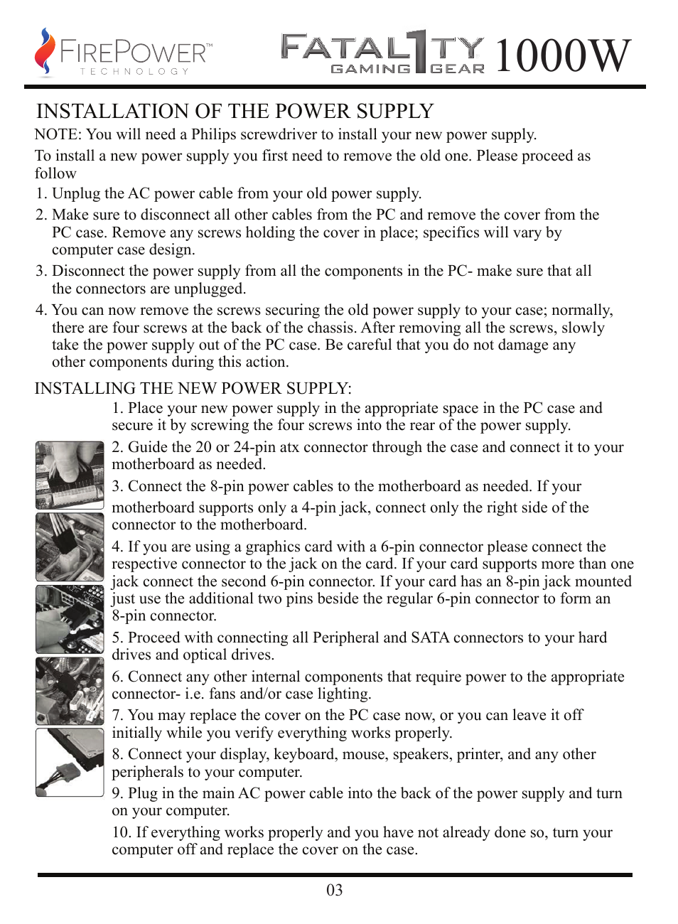1000w, Installation of the power supply | FirePower Technology FTY1000W User Manual | Page 4 / 19