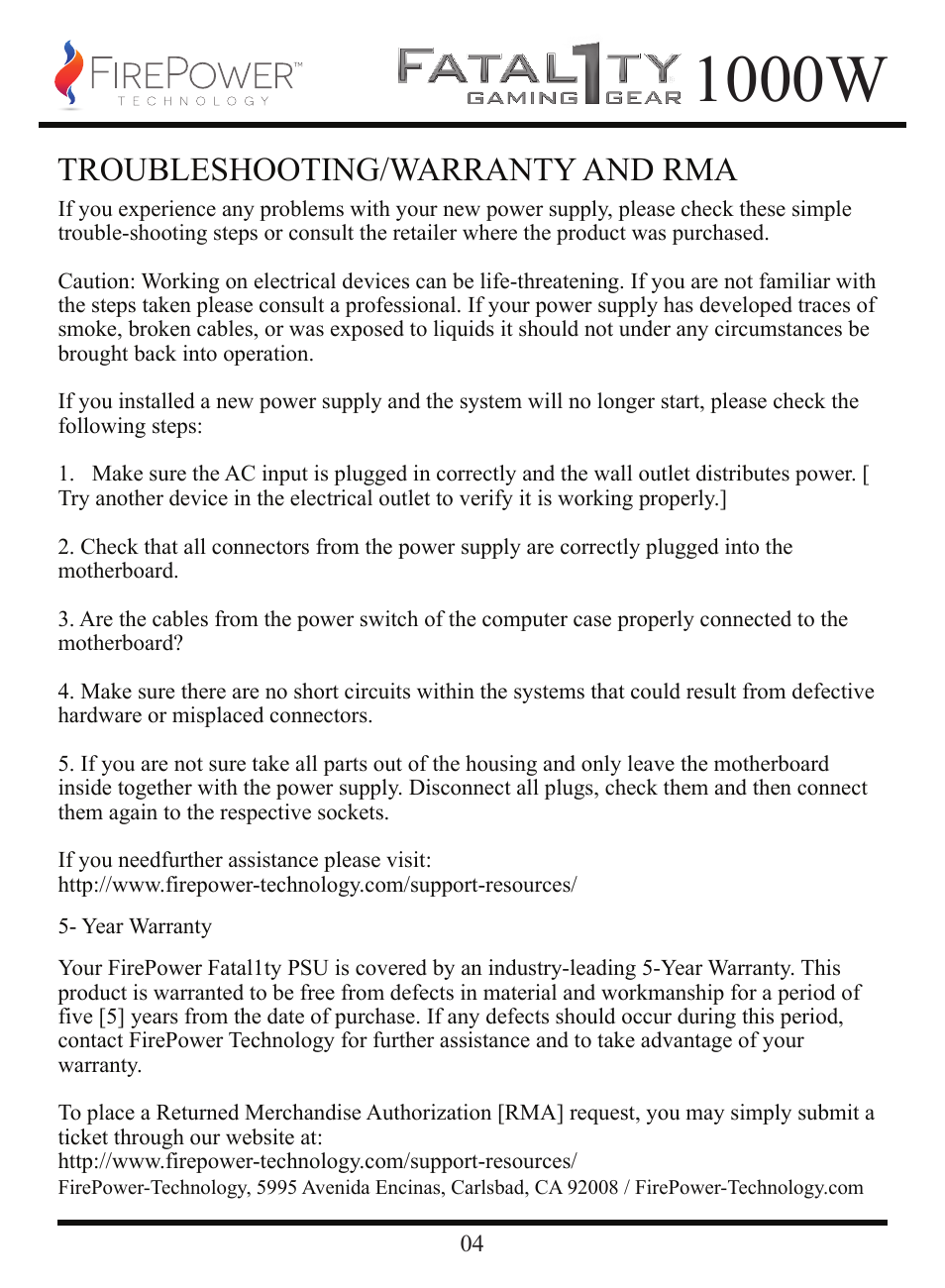 1000w, Troubleshooting/warranty and rma | FirePower Technology FTY1000W User Manual | Page 5 / 19