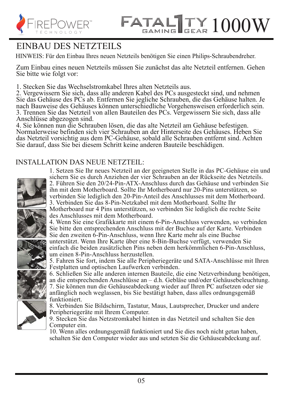 1000w, Einbau des netzteils | FirePower Technology FTY1000W User Manual | Page 6 / 19