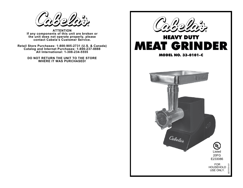 Cabela's Heavy Duty Meat Grinder 33-0101-C User Manual | 10 pages