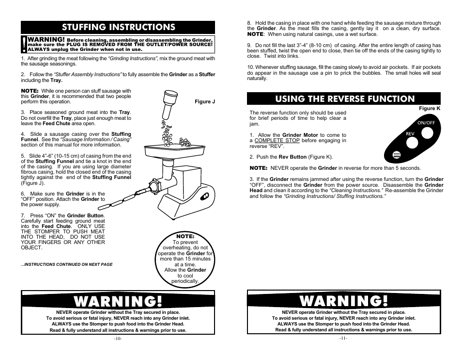 Warning, Stuffing instructions, Using the reverse function | Cabela's Heavy Duty Meat Grinder 33-0101-C User Manual | Page 10 / 10