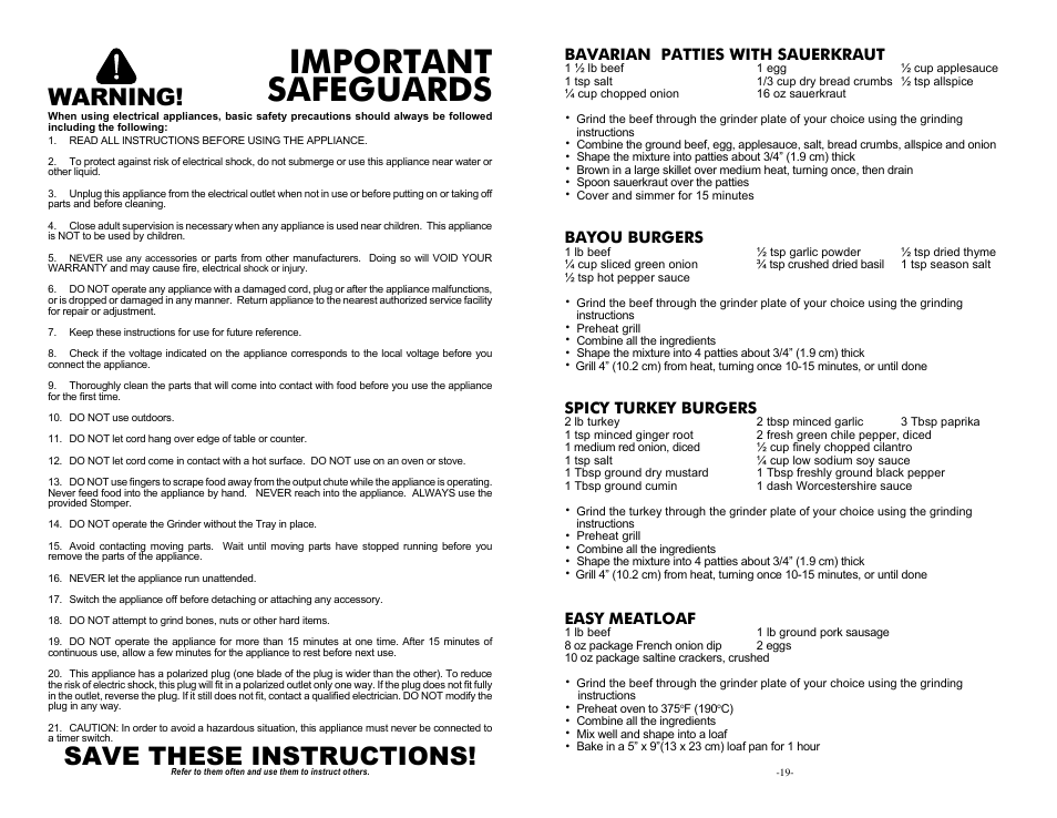 Important safeguards, Save these instructions, Warning | Cabela's Heavy Duty Meat Grinder 33-0101-C User Manual | Page 2 / 10