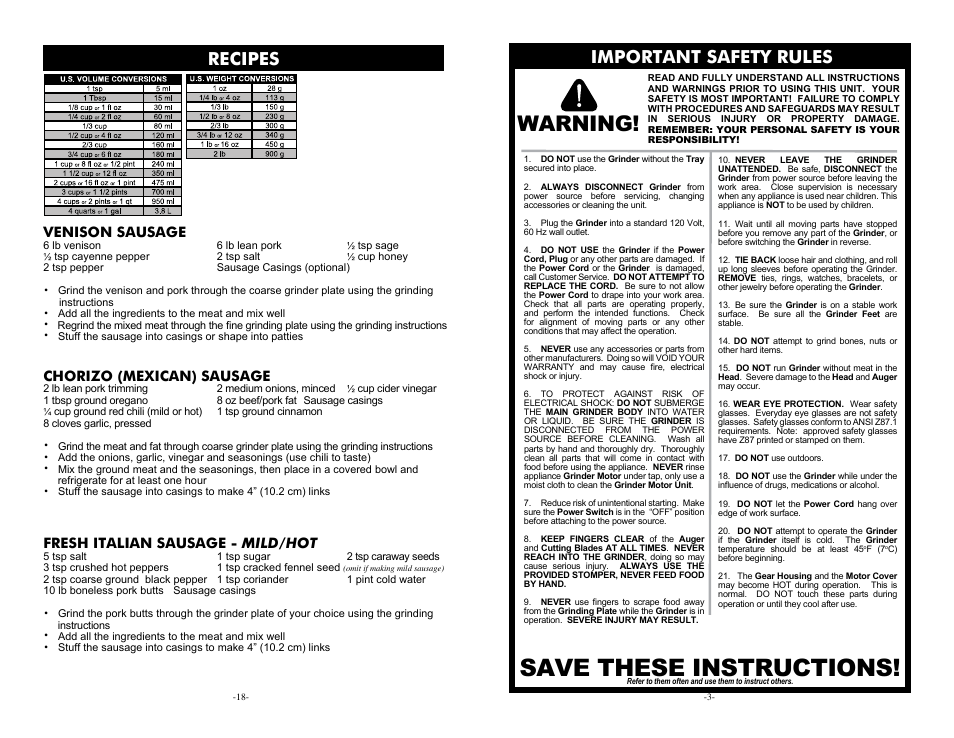Save these instructions, Warning, Important safety rules | Recipes, Venison sausage, Chorizo (mexican) sausage, Fresh italian sausage - mild/hot | Cabela's Heavy Duty Meat Grinder 33-0101-C User Manual | Page 3 / 10