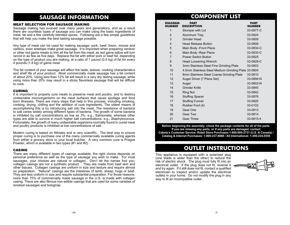 Outlet instructions component list, Sausage information | Cabela's Heavy Duty Meat Grinder 33-0101-C User Manual | Page 5 / 10