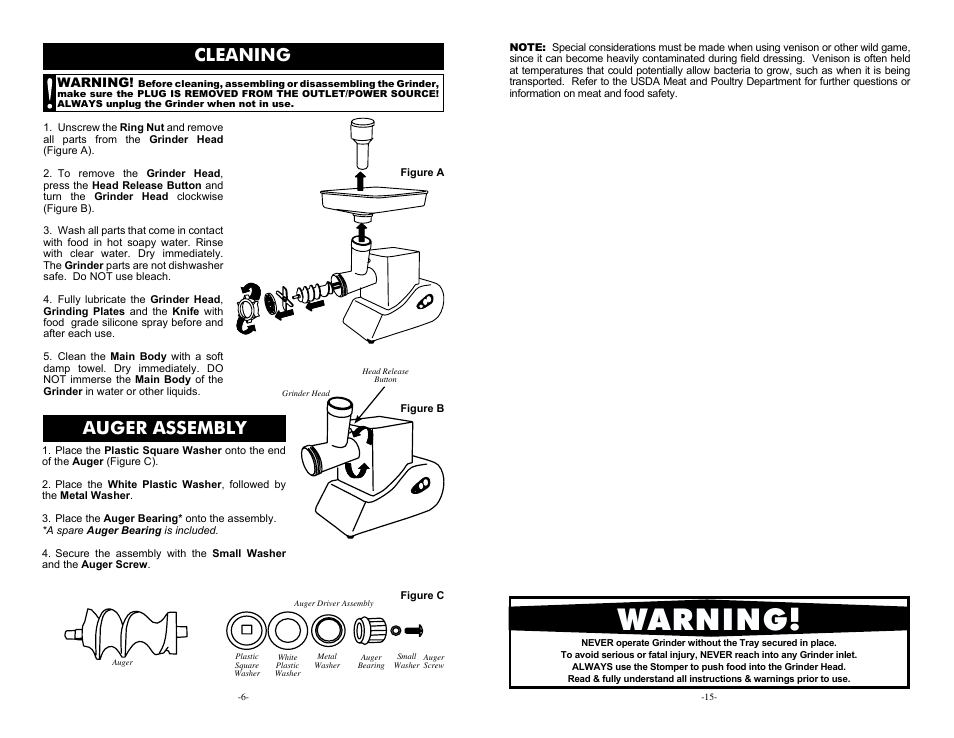 Warning, Cleaning, Auger assembly | Cabela's Heavy Duty Meat Grinder 33-0101-C User Manual | Page 6 / 10