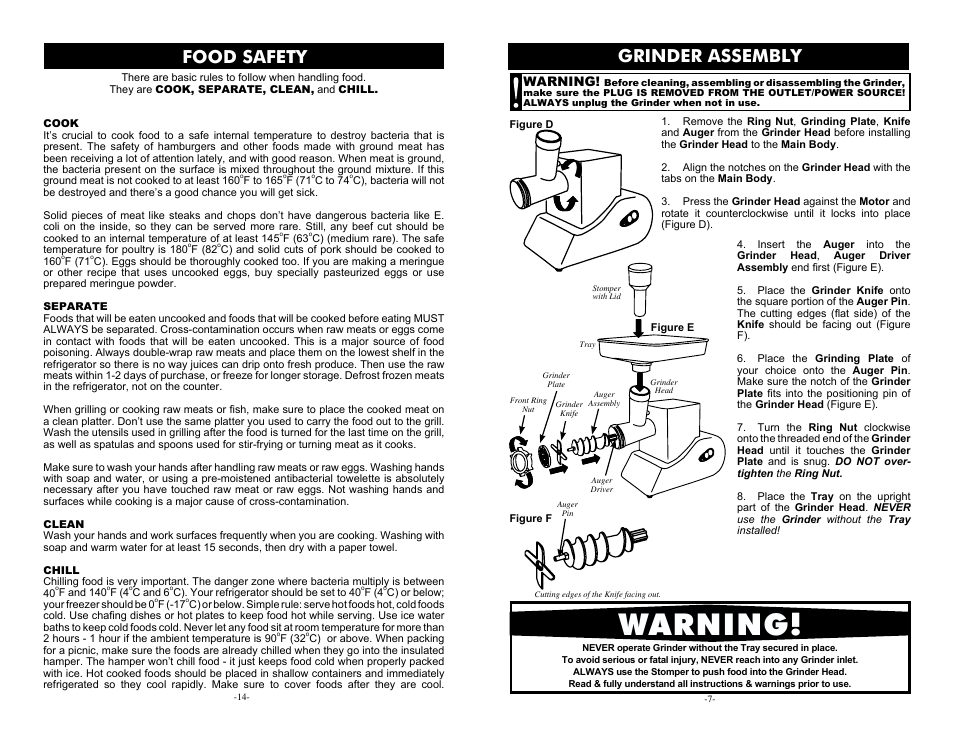 Grinder assembly, Food safety, Warning | Cabela's Heavy Duty Meat Grinder 33-0101-C User Manual | Page 7 / 10
