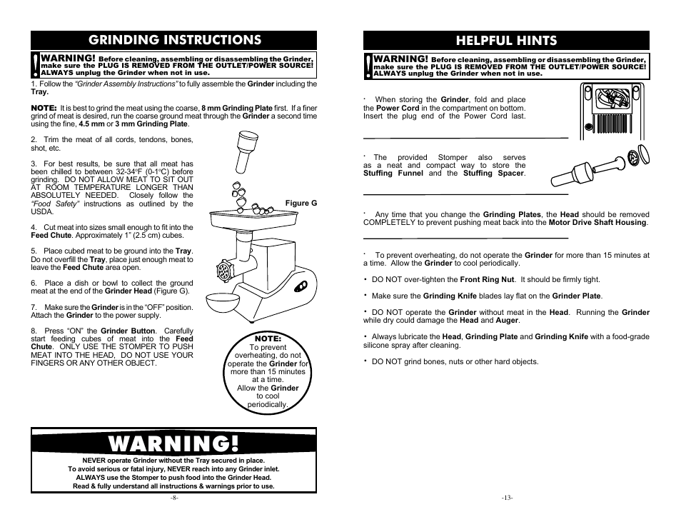 Warning, Grinding instructions, Helpful hints | Cabela's Heavy Duty Meat Grinder 33-0101-C User Manual | Page 8 / 10