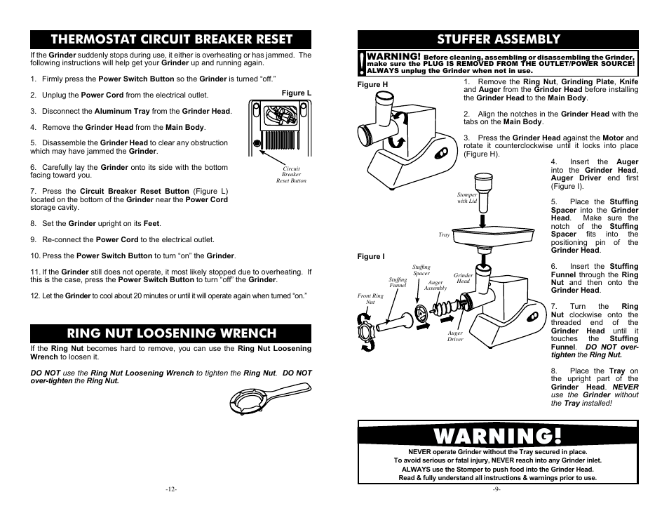 Warning, Stuffer assembly, Ring nut loosening wrench | Thermostat circuit breaker reset | Cabela's Heavy Duty Meat Grinder 33-0101-C User Manual | Page 9 / 10