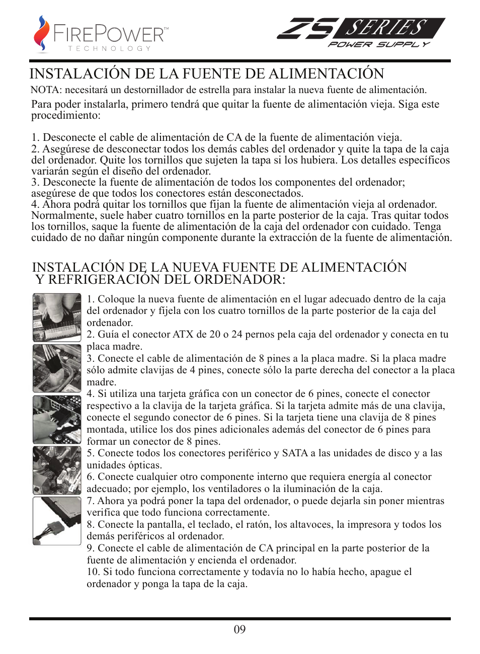Series, Instalación de la fuente de alimentación | FirePower Technology ZS750W User Manual | Page 10 / 27
