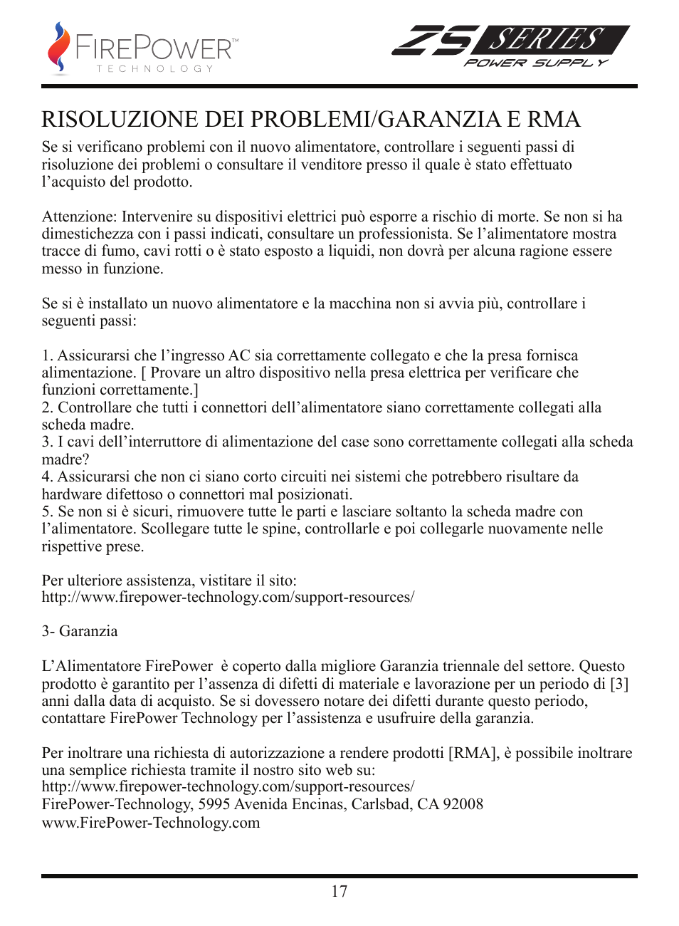 Series, Risoluzione dei problemi/garanzia e rma | FirePower Technology ZS750W User Manual | Page 18 / 27