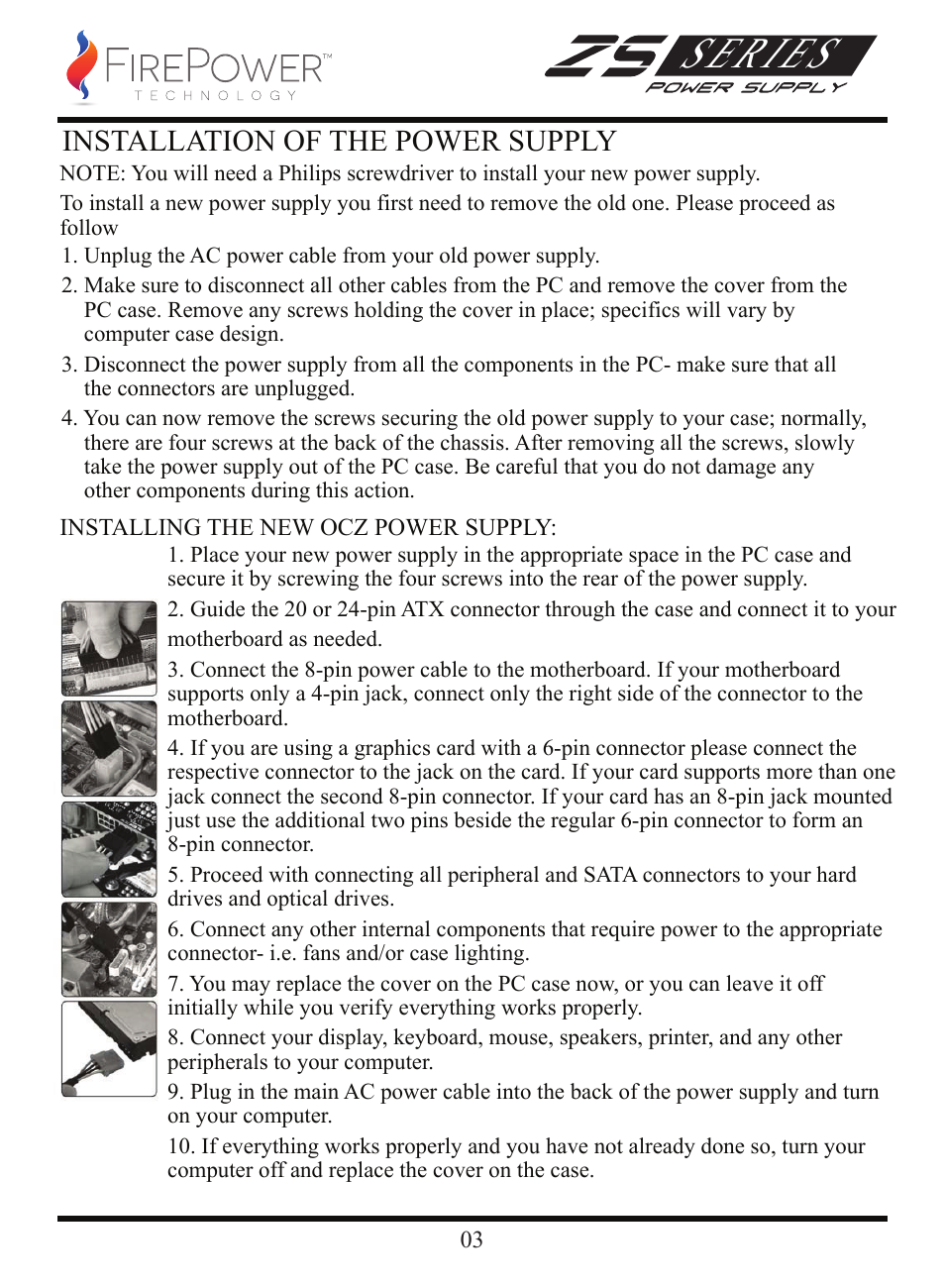 Series, Installation of the power supply | FirePower Technology ZS750W User Manual | Page 4 / 27