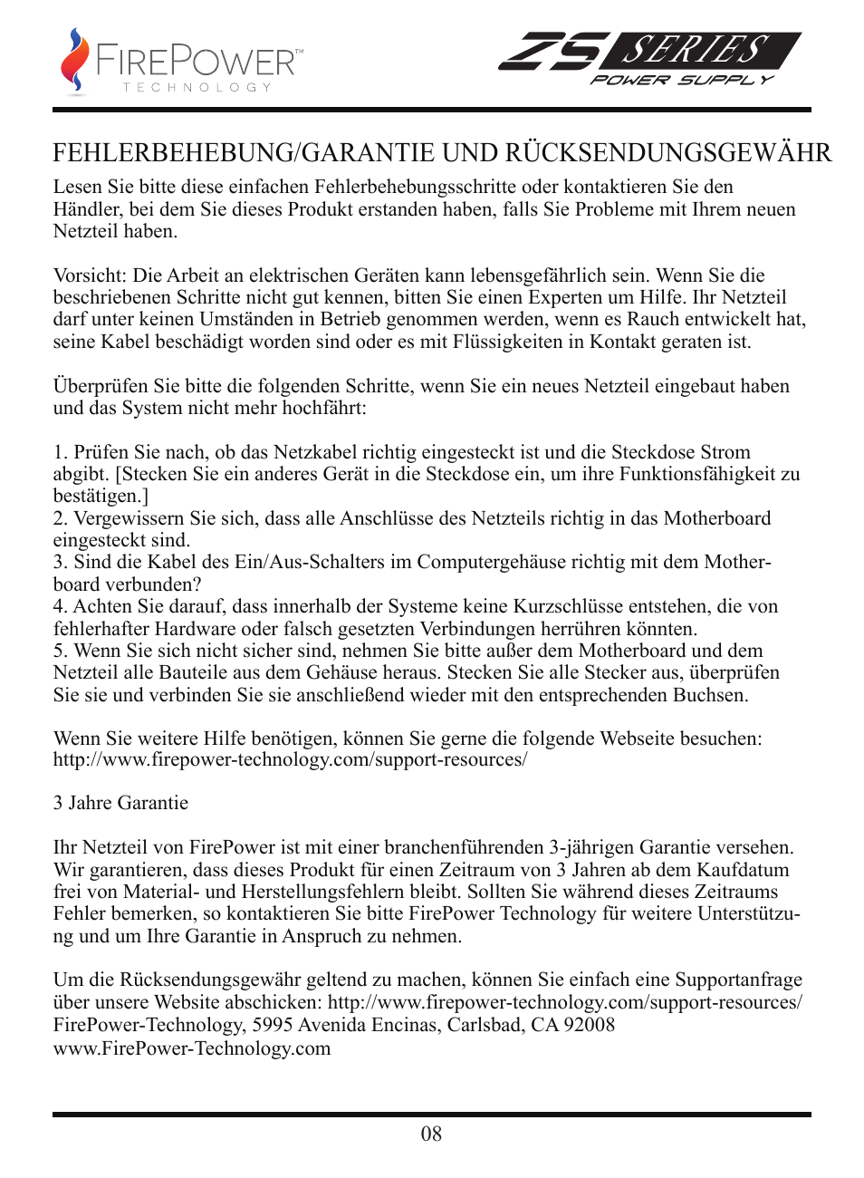Series, Fehlerbehebung/garantie und rücksendungsgewähr | FirePower Technology ZS750W User Manual | Page 9 / 27