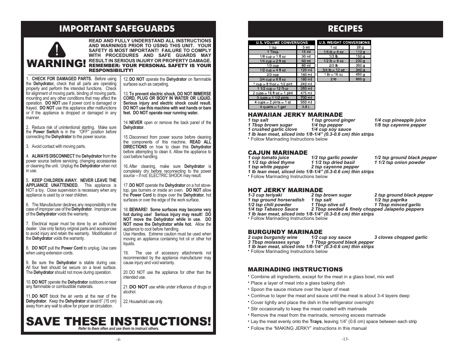 Save these instructions, Warning, Recipes | Important safeguards | Cabela's Pro Series 10 Tray Digital Dehydrator 28-1001-C User Manual | Page 4 / 8