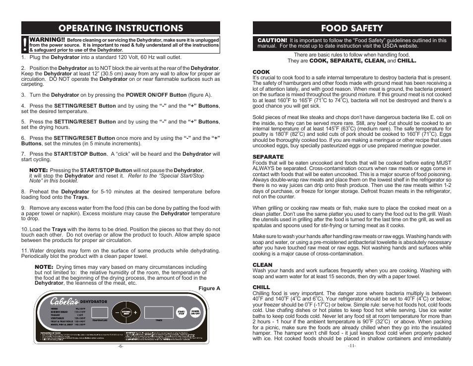Operating instructions, Food safety | Cabela's Pro Series 10 Tray Digital Dehydrator 28-1001-C User Manual | Page 6 / 8