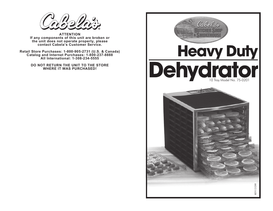 Cabela's Heavy Duty Dehydrator 75-0201 User Manual | 8 pages