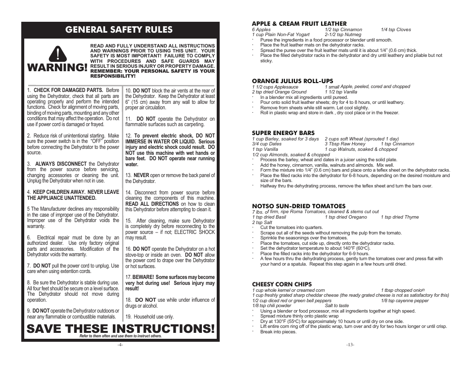 Save these instructions, Warning, General safety rules | Cabela's Heavy Duty Dehydrator 75-0201 User Manual | Page 4 / 8