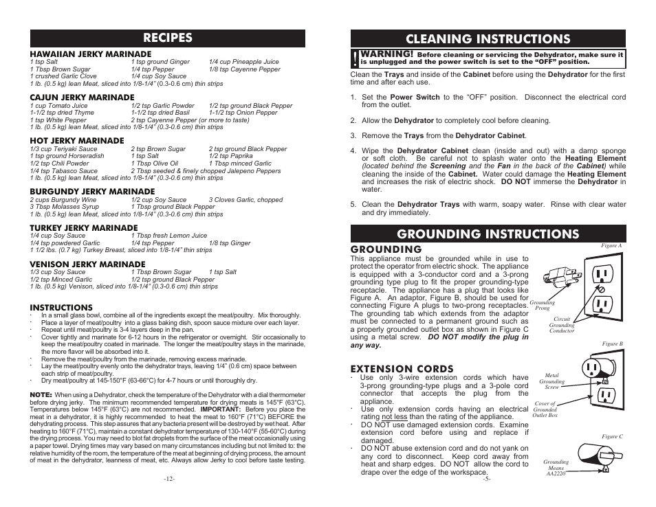 Cleaning instructions grounding instructions, Recipes, Grounding | Extension cords | Cabela's Heavy Duty Dehydrator 75-0201 User Manual | Page 5 / 8
