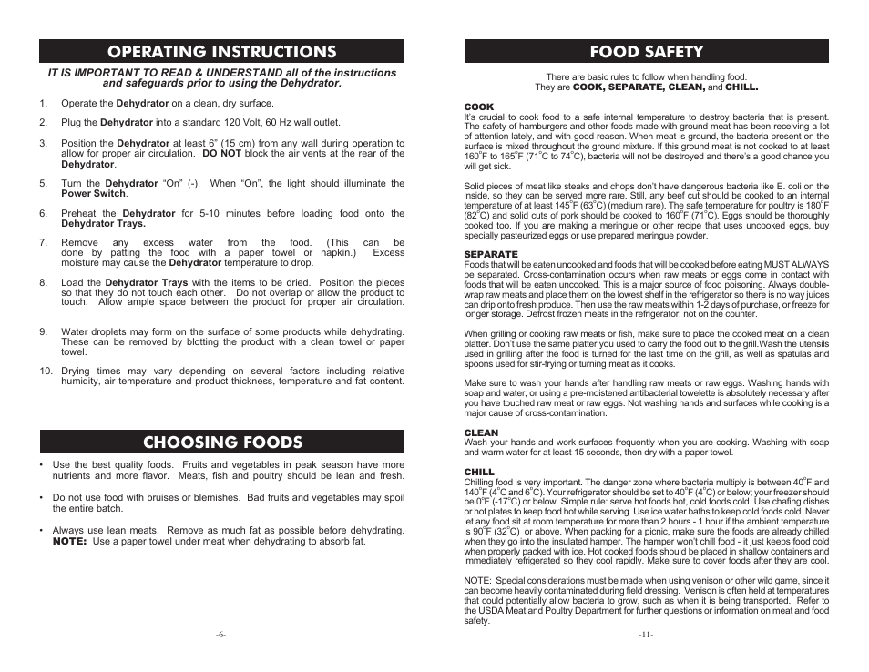 Operating instructions choosing foods, Food safety | Cabela's Heavy Duty Dehydrator 75-0201 User Manual | Page 6 / 8