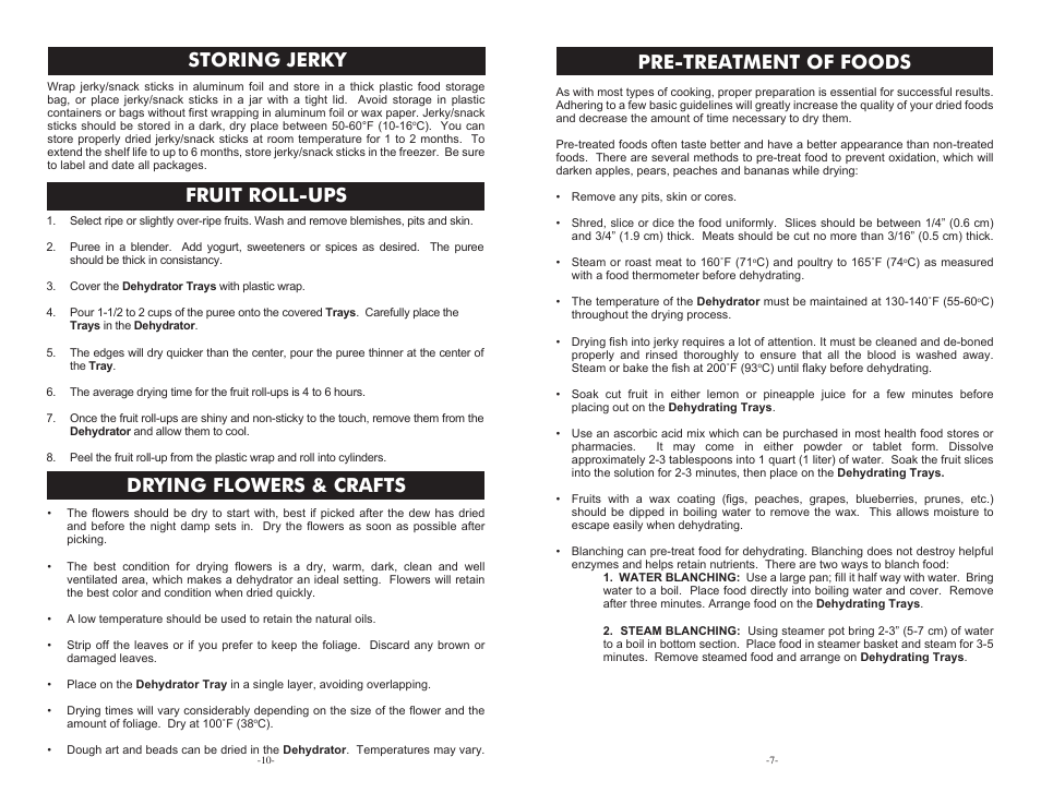 Pre-treatment of foods, Storing jerky drying flowers & crafts, Fruit roll-ups | Cabela's Heavy Duty Dehydrator 75-0201 User Manual | Page 7 / 8