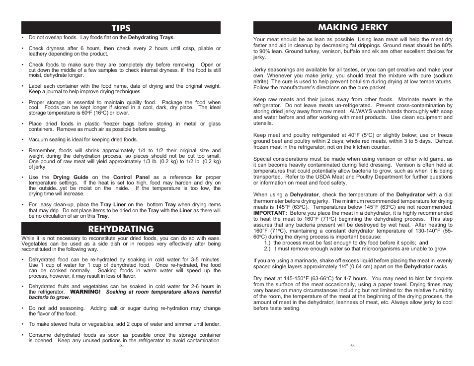 Tips, Rehydrating making jerky | Cabela's Heavy Duty Dehydrator 75-0201 User Manual | Page 8 / 8