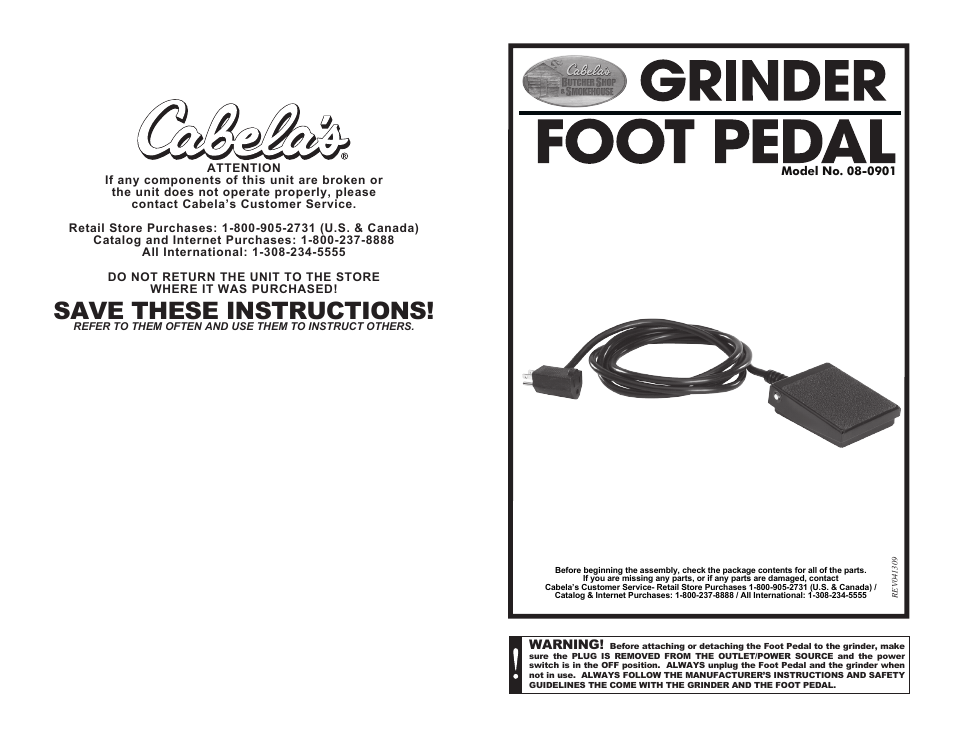 Cabela's inder Foot Pedal 08-0901 User Manual | 2 pages