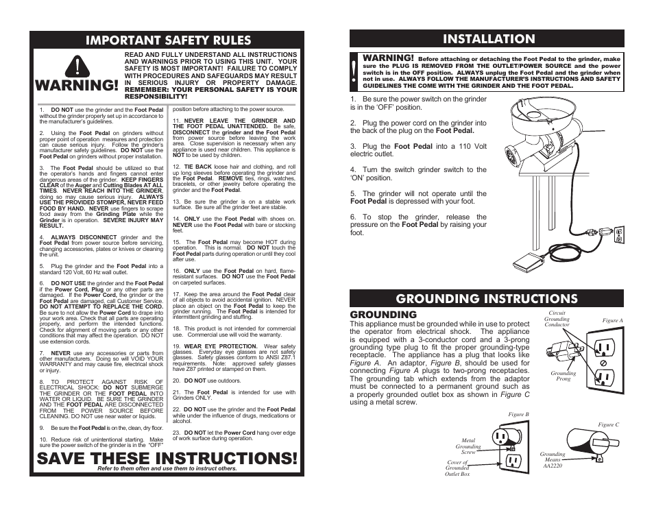Save these instructions, Warning, Important safety rules | Installation, Grounding instructions, Grounding | Cabela's inder Foot Pedal 08-0901 User Manual | Page 2 / 2