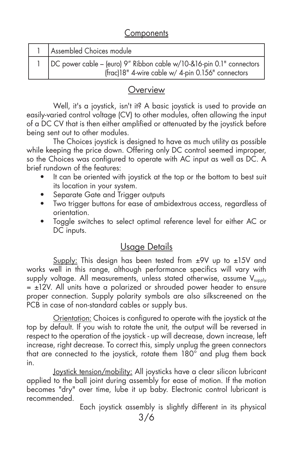 Components, Overview, Usage details | Flight of Harmony Choices User Manual | Page 3 / 6