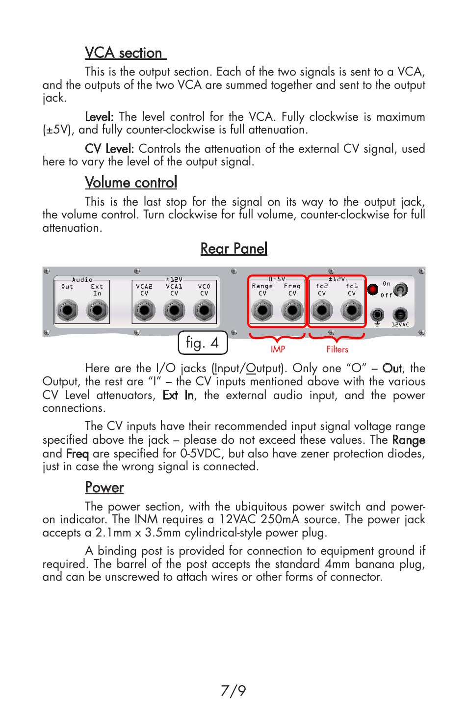 Volume control, Rear panel, Power | Fig. 4 | Flight of Harmony Infernal Noise Machine User Manual | Page 7 / 9