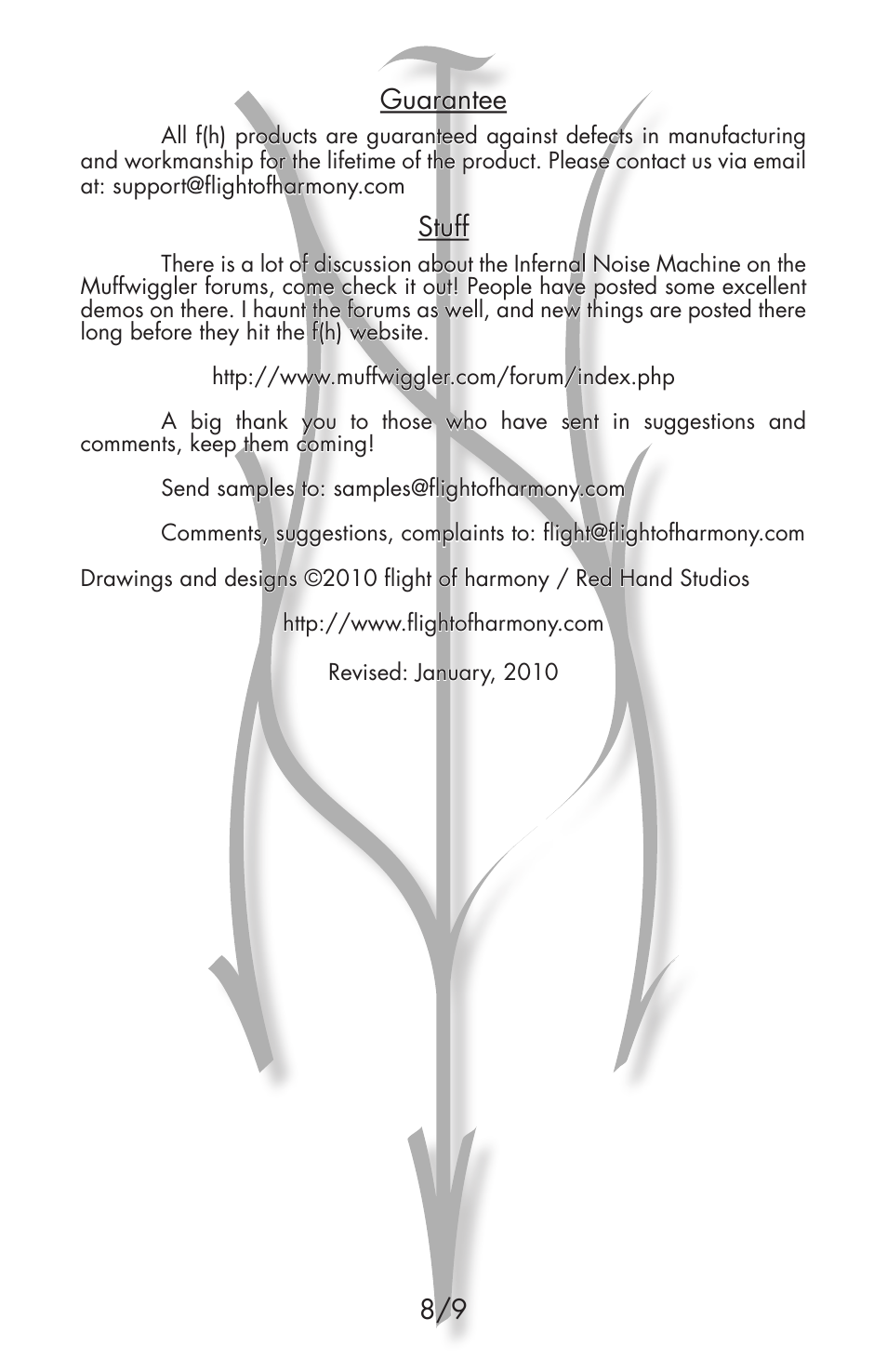 Guarantee, Stuff | Flight of Harmony Infernal Noise Machine User Manual | Page 8 / 9