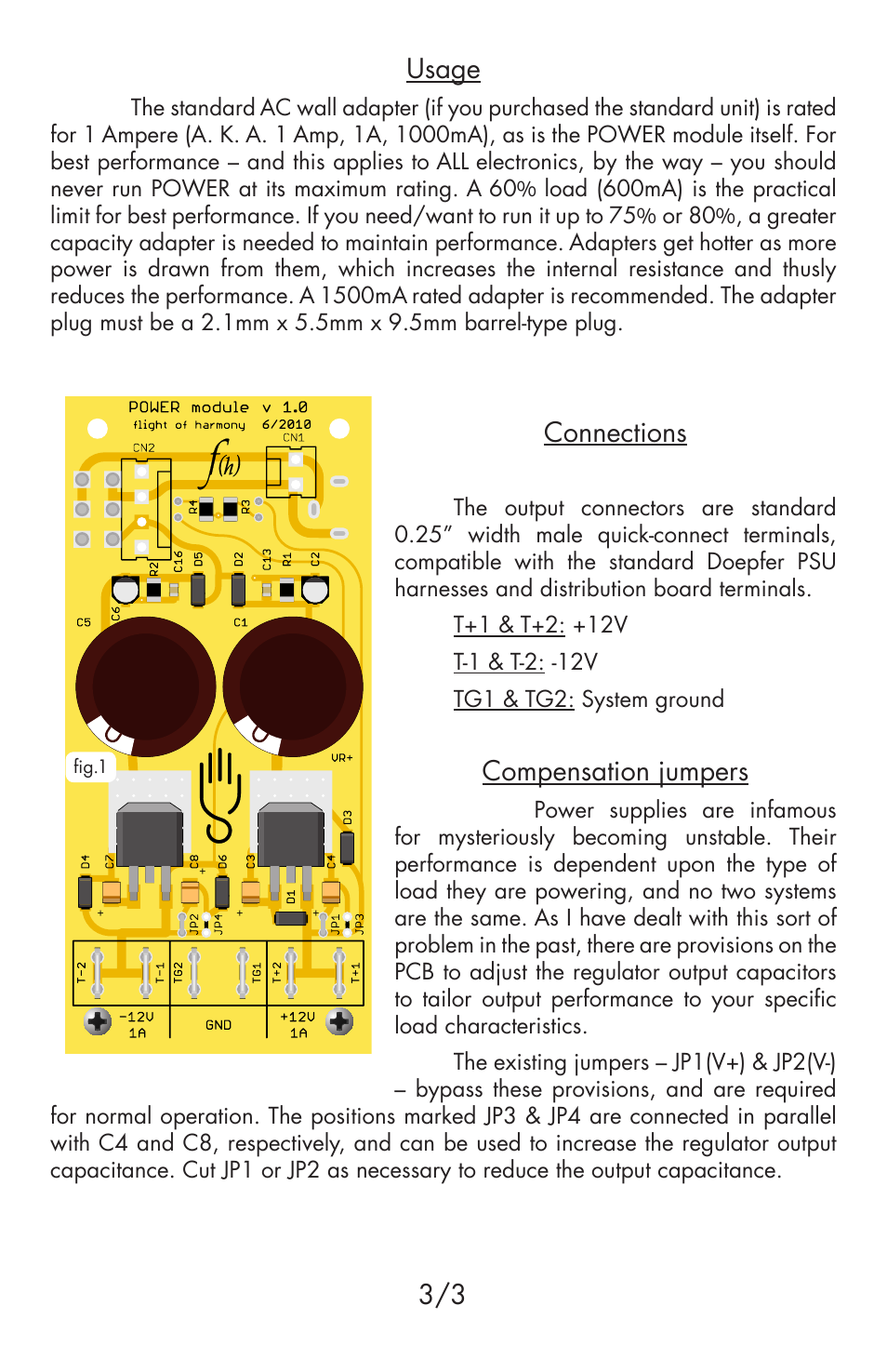Usage, Connections, Compensation jumpers | Flight of Harmony Power v1 Module User Manual | Page 3 / 4