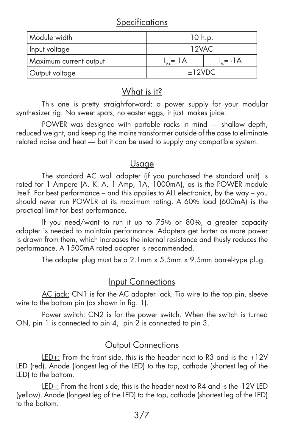 Specifications, What is it, Usage | Input connections, Output connections | Flight of Harmony Power v1 Bare-Bones User Manual | Page 3 / 8