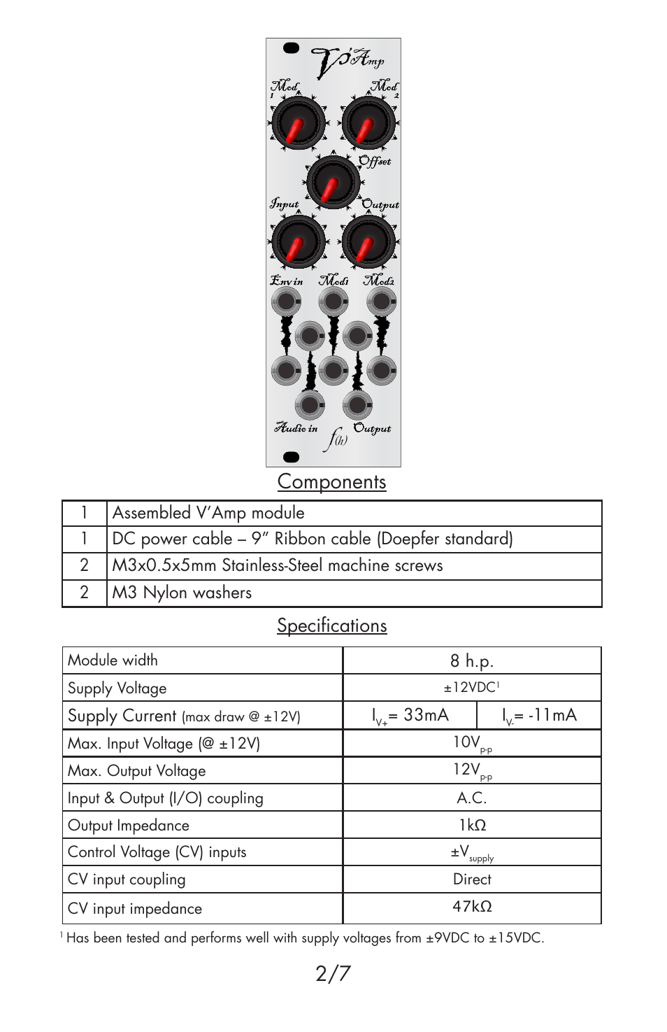 Components, Specifications | Flight of Harmony V’Amp Ver 1 Module User Manual | Page 2 / 7