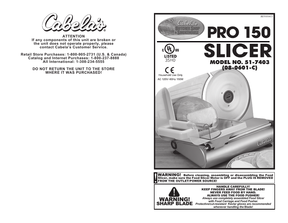 Cabela's Pro 150 Slicer 51-7403 User Manual | 6 pages