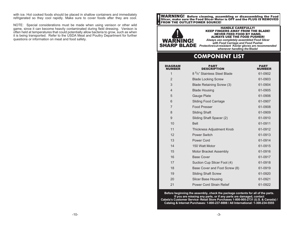 Component list, Warning, Sharp blade | Cabela's Pro 150 Slicer 51-7403 User Manual | Page 3 / 6