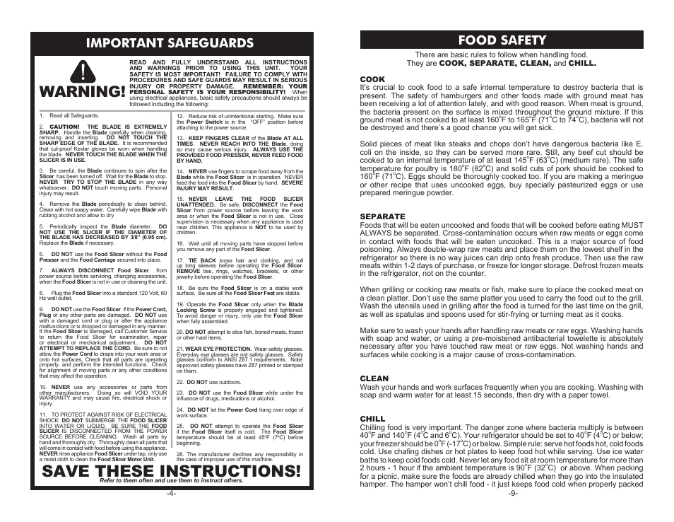 Save these instructions, Warning, Important safeguards | Food safety | Cabela's Pro 150 Slicer 51-7403 User Manual | Page 4 / 6