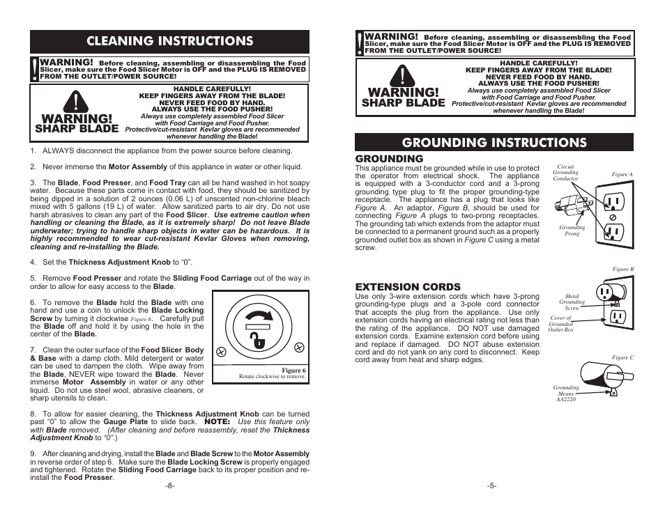 Grounding instructions, Warning, Cleaning instructions | Sharp blade, Grounding, Extension cords | Cabela's Pro 150 Slicer 51-7403 User Manual | Page 5 / 6