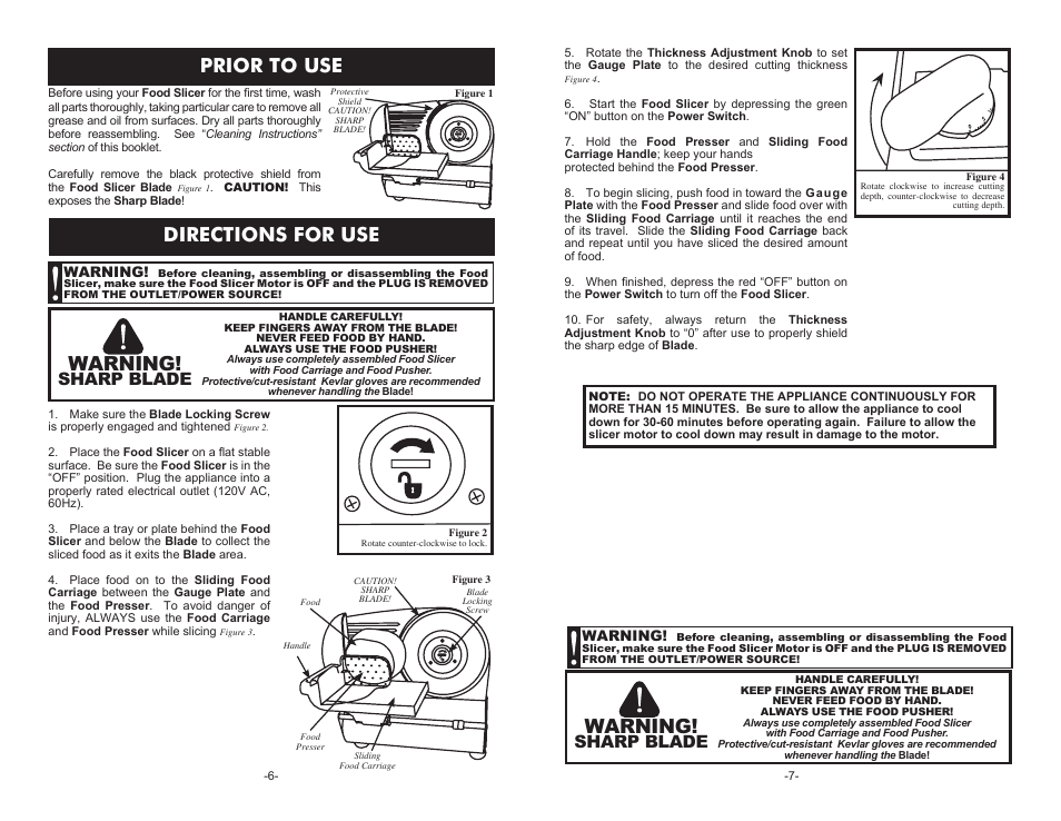Directions for use, Warning, Prior to use | Sharp blade | Cabela's Pro 150 Slicer 51-7403 User Manual | Page 6 / 6