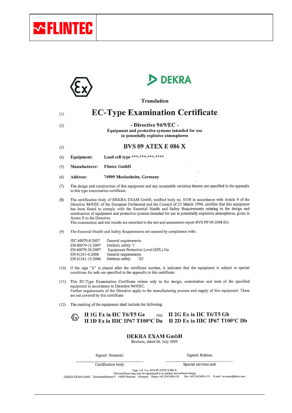 Ec- type examination certificate | Flintec ATEX User Manual | Page 8 / 12