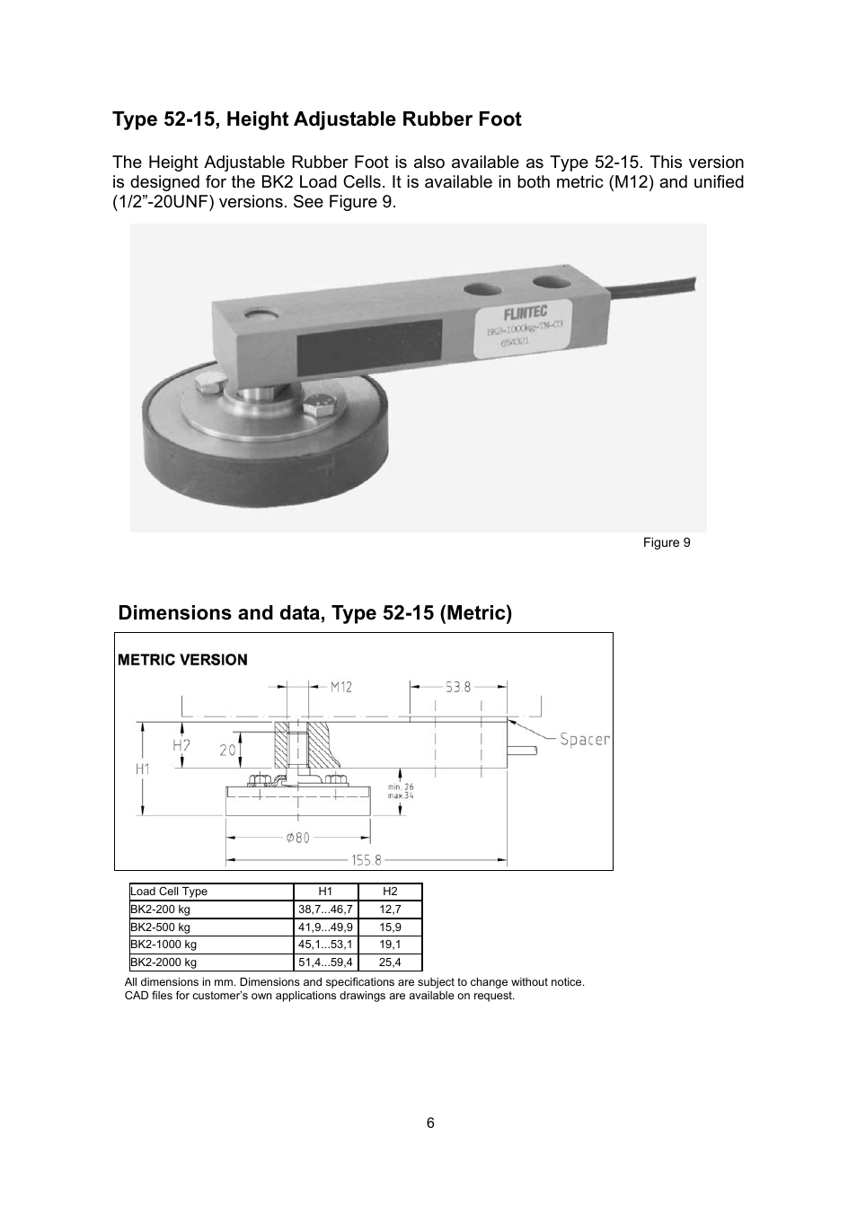 Type 52-15, height adjustable rubber foot, Dimensions and data, type 52-15 (metric) | Flintec 52-02 User Manual | Page 6 / 8