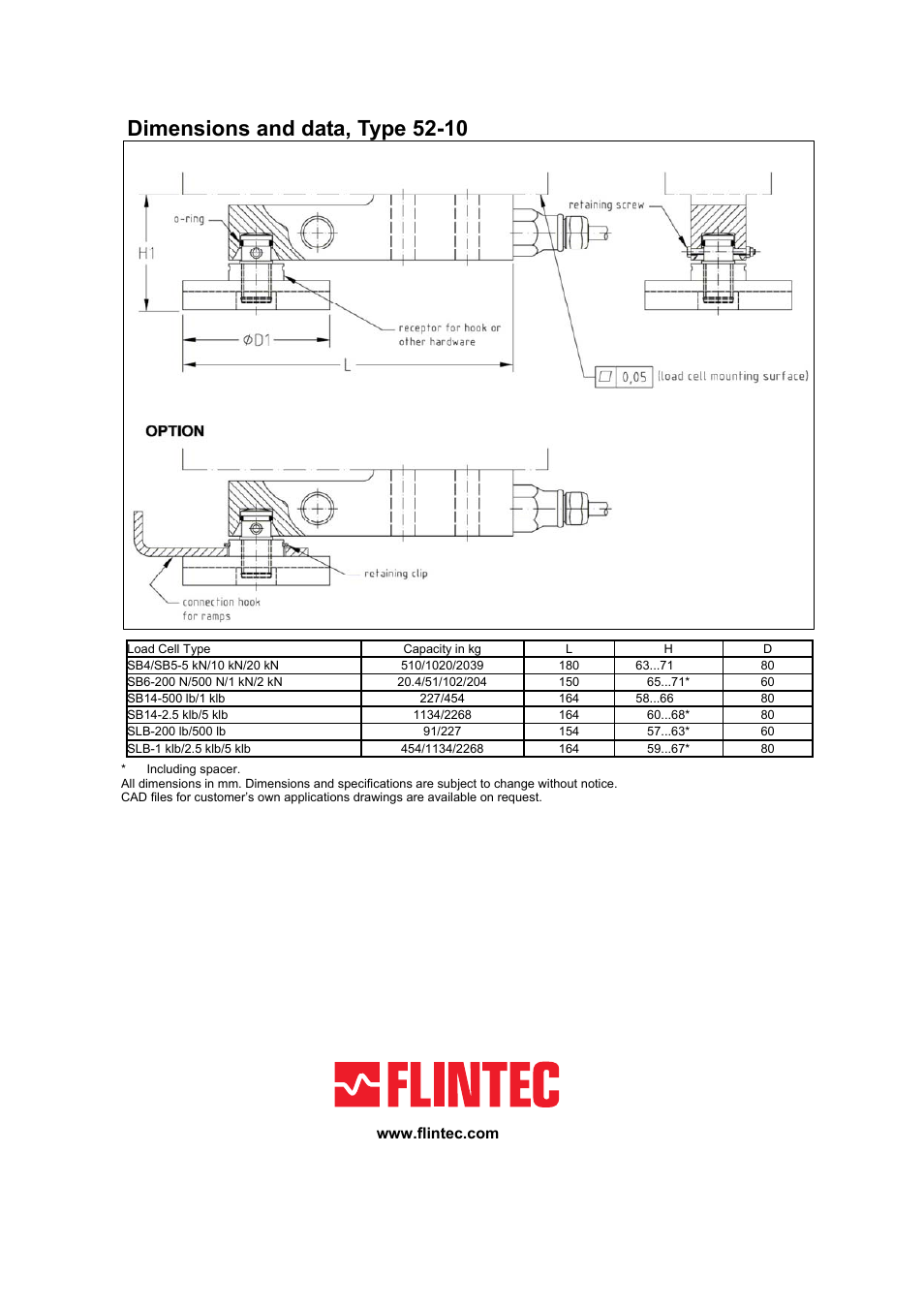 Dimensions and data, type 52-10 | Flintec 52-02 User Manual | Page 8 / 8