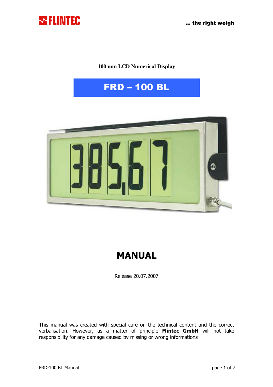 Flintec FRD-100 LCD User Manual | 7 pages