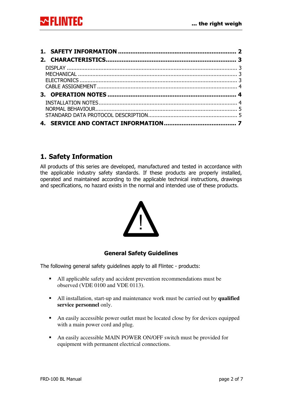 Safety information | Flintec FRD-100 LCD User Manual | Page 2 / 7