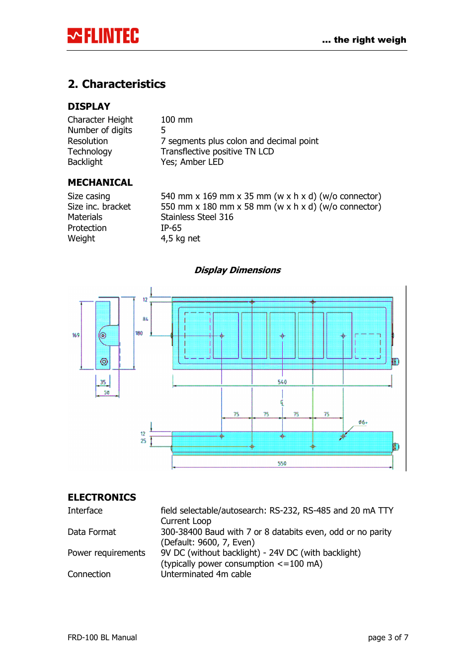 Characteristics | Flintec FRD-100 LCD User Manual | Page 3 / 7